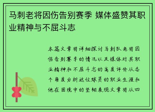 马刺老将因伤告别赛季 媒体盛赞其职业精神与不屈斗志